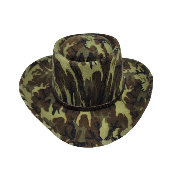 Vtg Mens Hat Cowboy Safari Camo Hunting Adventure Core Cabin Core Green 7 3/8 - Picture 3 of 11